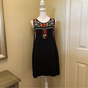 JODIFL Black Lined Floral Embroidered Sleeveless Pockets Boho Shift Dress S